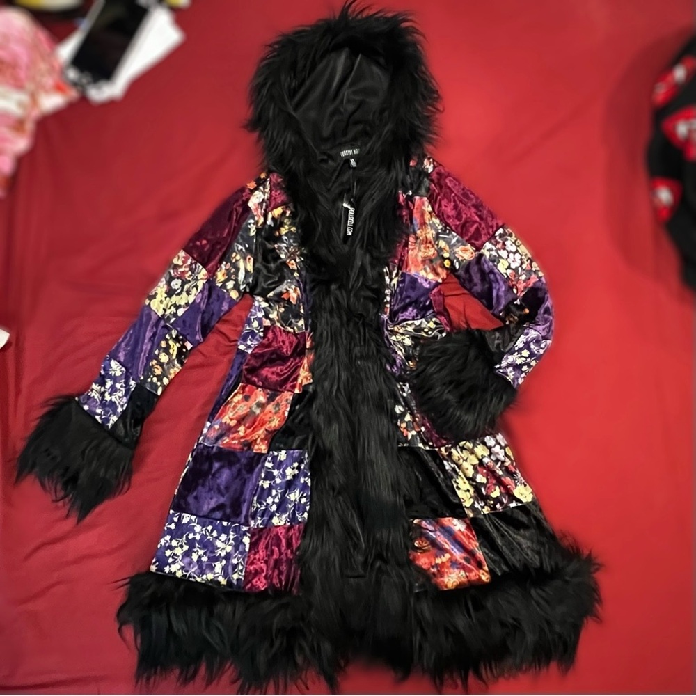 Dolls Kill x Current Mood Patchwork Fur Trench Coat - Picture 2 of 9